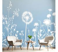 Papier Peint Pissenlits Et Herbe,150x105cm Papier Peint Panoramique Style D'Autocollant De Fleurs Sauvages Murale Poster Tableaux Photo Muraux pour Salon Chambre à Coucher Maison, Bleu Clair