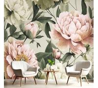 Papier Peint Pivoines Roses Fleurs 350× 256cm 3D, Vert Sauge Wallpaper Panoramique, Rétro Floral Papier Peint intissé Chambre Salon Personnalisé XXL Décoration Murale,Pour Salon Chambre Bureau