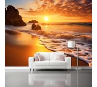 Papier Peint Plage Du Coucher Du Soleil Panoramique 3D Orange Récif Mousse Grandes Murales Poster Pour Salon Adulte Chambre D'Enfants Étude Maison Décoration Intérieure 350 X 256 Cm