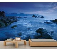 Papier peint plage rocheuse crépusculaire vagues de l'océan Peintures murales bleu serein mural roches montagne murale pour salon chambre à coucher décalcomanie murale ne se décolle pas et ne colle
