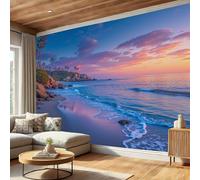 Papier Peint Plage Vagues, Papier Peint Paysages Tropicaux Naturels, Couleur Orange Tapisserie Panoramique Décoration Murale, Pour Salon Chambre à Coucher Maison Décoration Intérieure, 200 x 140 cm