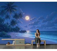 Papier Peint Plages Tropicales Palmiers, Papier Peint Tranquillité Paysages Naturels, Bleu Tapisserie Panoramique Décoration Murale, Pour Salon Chambre à Coucher Décoration Intérieure, 300 x 210 cm