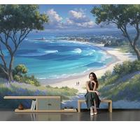 Papier Peint Plages Villes Côtières, Papier Peint Panoramique Paysage Réaliste En Bord De Mer, Poster Tableaux Photo Muraux Bleu, Décoration Murale Pour Salon Chambre Restaurant 350 x 256 cm