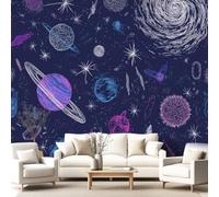 Papier Peint Planètes Comètes Étoiles Filantes Panoramique 3D Dessiné Main Croquis Continu Dessin Animé Espace Papier Peint 3D Géant Salon, Chambre,Chambre d'Enfant Décoration Murale 400 x 280 cm