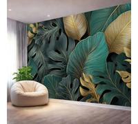 Papier Peint Plantes De Luxe Feuillage Tropical 3D - 150 x 105 cm Panoramique 3D Papier Peint, Vert Foncé Doré Murale Salon Chambre à Coucher Cuisine Maison Décoration Intérieure Toile Fond TV