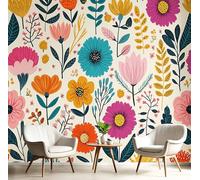 Papier Peint Plantes Et Fleurs De Dessins Animés,450x315cm Papier Peint Panoramique Art Moderne Du Milieu Du Siècle Murale Poster Tableaux Photo Muraux pour Salon Chambre à Coucher, Multicolore