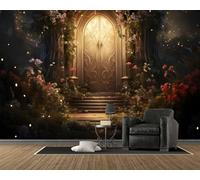 Papier Peint Porte 3D, Papier Peint Panoramique Motif Fleurs et Plantes, Forêt Enchantée Papier Peint Adhesif Mural 400x280 cm pour Salon Chambre Décoration Murale, B58