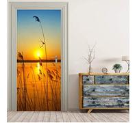 Papier Peint Porte 3D Paysage De Paille Au Coucher Du Soleil Autocollant De Porte Autocollant Affiche Murale Art Autocollant Mural Photo 80 X 200 Cm (31.49" X 78.74") Pour Salon Chambre Salle De Bain