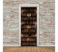 Papier Peint Porte 3D Sticker Bibliothèque à la lueur des bougies Porte Trompe l'oeil Adhésif Mural Poster de Porte Autocollant Amovible Déco Porte L83 x H204cm