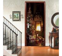 Papier Peint Porte 73x204 cm Cheminée en forme de sapin de Noël Trompe l'oeil Sticker Poster Porte Trompe l'oeil Intérieure Muraux PVC pour Décoration Mur Salon Cuisine Chambre Salle de Bain