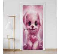 Papier Peint Porte Chien Rose Animaux 3D Autocollant PVC Imperméable Amovible Sticker Porte Chiot Mignon Cœur Vinyle Auto-adhésif 77x200 cm pour Salon Chambre Salle de Bain Su46