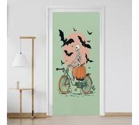 Papier Peint Porte Crâne Vélo Citrouille Halloween 3D Autocollant PVC Imperméable Amovible Sticker Porte Squelette Chauve Souris Vinyle Auto-adhésif 77x200 cm pour Salon Chambre Salle de Bain