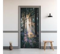Papier Peint Porte Forêt Brumeuse, Stickers de Porte Fleur Jungle Lever Du Soleil, Autocollant Mural Auto-Adhésif Amovible PVC Imperméable pour Chambre Salon Décor 90x200cm