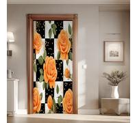 Papier Peint Porte Roses Orange Géométrie 3D Autocollant PVC Imperméable Amovible Sticker Porte Fleurs Plaid Vinyle Auto-adhésif 85x215 cm pour Salon Chambre Salle de Bain Kl62S