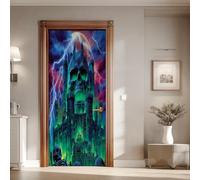 Papier Peint Porte Squelette Château Foudre 3D Autocollant PVC Imperméable Amovible Sticker Porte Crâne Gothique Vinyle Auto-adhésif 77x200 cm pour Salon Chambre Salle de Bain Kl59S