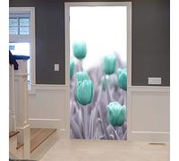 Papier Peint Porte Tulipe Florale Bleue 90 X 210 Cm Sticker Porte 3D - Autocollant Porte Trompe L'Œil - Poster De Porte - Stickers Muraux Auto-Adhésif Imperméable Amovible Salon Cuisine Chambre