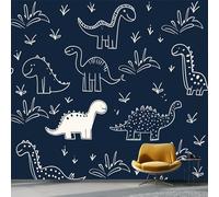 Papier Peint pour Chambre D'enfant - Dessin Animé Dessin Au Trait Dinosaures Papier Peint Fille Garçon 350 x 256 cm, Bleu Foncé 3D Affiche Décoration pour Salle de Séjour Couloir Maison Murale