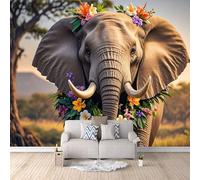 Papier Peint Prairie Des éléphants 300x256 cm Papier Peint Panoramique Effet 3D, Peinture Murale intissé Grande Fleurs, pour Moderne Salon Chambre TV Fond
