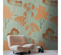 Papier Peint Rétro Avec Un Paysage Arboré Vivant Et Un Motif À Grande Échelle