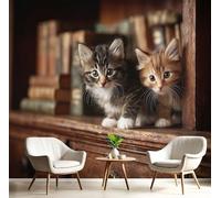 Papier Peint Rétro Étagère Chat 300×210cm 3D, Brun Wallpaper Panoramique, Animaux Mignons Papier Peint intissé Chambre Salon Personnalisé XXL Décoration Murale,Pour Salon Chambre Bureau