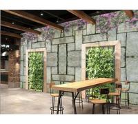 Papier Peint Rétro Feuilles Vertes Fleur Vigne Mur De Briques Rose Rose Décontracté Après-midi Thé Boisson Boutique Fond Mur Restaurant Occidental Papier Peint Café Mural,3D,150x105cm