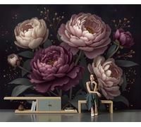 Papier Peint Rétro Floral, Papier Peint Panoramique Représentation Réaliste Des Pivoines, Violet Foncé Muraux Photo, Pour Salon Chambre Restaurant Couloir Tv Fond Décoration Murale - 200 x 140 cm