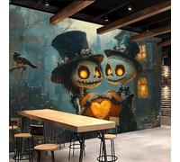 papier peint salon 250x180cm Crâne Mignon Avec Un Chapeau De Citrouille papier peint brique Toile décorative sans couture, look peinture à l’huile, pour pièce de réception ou salle d’attente EB24-8718