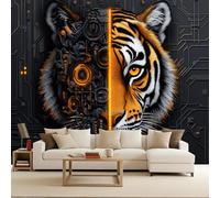 papier peint salon 250x180cm Tigre Mécanique papier peint brique Toile décorative sans couture, look peinture à l’huile, pour pièce de réception ou salle d’attente EB24-4227