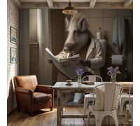 Papier Peint Sanglier Humoristique Journal, Papier Peint Panoramique 3D Animal De Salle De Bain Brun Rouille Pour Salon Chambre Bureau Couloir, Décoration Murale Poster Intérieure Grande, 350X256Cm