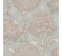 Papier peint scène forestière avec des lapins, des cerfs, des oiseaux et des arbres fruitiers, vert sauge, Arthouse 924606