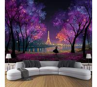 Papier Peint - Scène Nuit À Paris Décoration Murale, La Tour Eiffel Et La Seine Papier Peint En Soie, Résistant Aux Déchirures, Convient Pour Salons, Chambres (Violet Foncé 308X220 Cm)