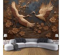 Papier Peint Sculpture sur bois Grue et fleurs Sculpture 3D Soie - 250 x 175 cm Papier Peint Salon Chambre Salle À Manger Chambre D'Enfant Papiers Peints Décoration Murale - Montagne Végétale