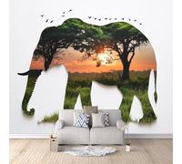 Papier Peint Silhouette D'éléphant 300x256 cm Papier Peint Panoramique Effet 3D, Peinture Murale intissé Grande Lever De Soleil Dans La Forêt, pour Moderne Salon Chambre TV Fond
