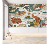 Papier Peint Soie 3D Dragon Myth Animal Papier Peint Floral Plante Oriental Wallpaper Autocollant Adhesif Mural Film Décoration Murale pour Salon Chambre Bureau 250x175 cm