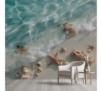 Papier Peint Soie 3D étoile de Mer Coquille Plage Papier Peint Eau de Mer Vie Marine Paysage Océan Wallpaper Autocollant Adhesif Mural Film Décoration Murale pour Salon Chambre Bureau 250x175 cm