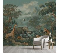 Papier Peint Soie 3D Jungle Tropical Safari Forêt Papier Peint Animaux Sauvages Tigre éléphant Girafe Wallpaper Autocollant Adhesif Mural Film Décoration Murale pour Salon Chambre Bureau 250x175 cm