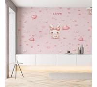 Papier Peint Soie 3D Lapin Peluche Mignon Papier Peint Coeur Rose Romantique Animal Dessin Animé Wallpaper Autocollant Adhesif Mural Film Décoration Murale pour Salon Chambre Bureau 250x175 cm