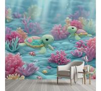 Papier Peint Soie 3D Monde sous-Marin Tortue de Mer Papier Peint Dessin Animé Vie Marine Corail Poisson Wallpaper Autocollant Adhesif Mural Film Décoration Murale pour Salon Chambre Bureau 250x175 cm
