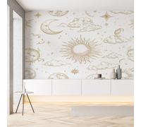 Papier Peint Soie 3D Nuage Lune Étoiles Soleil Papier Peint Corps Céleste Ciel étoilé Wallpaper Autocollant Adhesif Mural Film Décoration Murale pour Salon Chambre Bureau 250x175 cm
