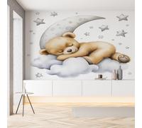 Papier Peint Soie 3D Ours Peluche Mignon Dessin Animé Papier Peint Ciel étoilé Lune Étoiles Nuage Wallpaper Autocollant Adhesif Mural Film Décoration Murale pour Salon Chambre Bureau 250x175 cm