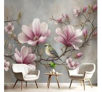 Papier Peint Soie Branches De Fleurs Murales En Béton XXL Tableaux Muraux Magnolia Et Oiseaux Vintage Tapisserie Panoramique Décoration Murale pour Salon Couloir Salle à Mange, 300x210cm, Gris Clair