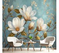 Papier Peint Soie Branches Fleuries Rétro Traditionnelles 350x250cm Papier Peint Panoramique Magnolia Tableaux Muraux Tapisserie Photo Décoration Murale Pour Salon, Chambre D'Enfants, Restaurant, Bleu