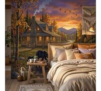 Papier Peint Soie Coucher De Soleil Lac Maison En Bois Ours Brun Papier Peint Panoramique Enfant 3D Effet Salon Chambre Bureau Couloir Naturalisme Murale Décor Mural Moderne 350x256cm, Orange