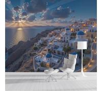 Papier Peint Soie Coucher De Soleil Sur Santorin Vue Panoramique 300x210cm, Papier Peint Panoramique Paysages Romantiques Méditerranéens, Bleu Décoration Murale Pour Salon Chambre Décor Fond TV