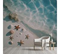 Papier Peint Soie étoile de Mer Coquille Plage Papier Autocollant 100x100 cm Eau de Mer Vie Marine Paysage Océan Film Adhesif pour Meuble Wallpaper Panoramique 3D Mural pour Cuisine Salle de Bains