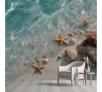 Papier Peint Soie étoile de Mer Coquille Plage Papier Autocollant 100x100 cm Eau de Mer Vie Marine Paysage Océan Film Adhesif pour Meuble Wallpaper Panoramique 3D Mural pour Cuisine Salle de Bains