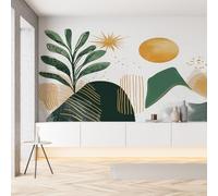 Papier Peint Soie Feuille Plante Aquarelle Vintage Papier Peint Auto-Adhésif Milieu du Siècle Soleil Gold Autocollant Mural, Film Meuble Décoration Murale 3D pour Cuisine Salle de Bains 100x70 cm