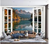 Papier Peint Soie Forêt D'Automne, 350x250cm Papier Peint Panoramique Vue Sur Lacs Et Montagnes Enneigées Tableaux Muraux Décoration Murale pour Salon, Chambre, Décor Fond TV, Vert Doré Chaud