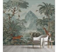 Papier Peint Soie Jungle Tropical Safari Forêt Papier Autocollant 100x100 cm Animaux Sauvages Tigre éléphant Girafe Film Adhesif Meuble Wallpaper Panoramique 3D Mural pour Cuisine Salle de Bains