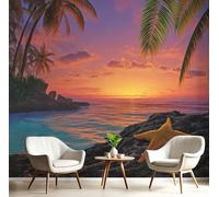 Papier Peint Soie Mural 3D Bleu Et Rouge Étoile De Mer De Roche 300X210Cm Muraux Poster Geant Tapisserie Photo Décoration Murale,Paysages Tropicaux Salon Chambre Bureau Couloir Peinture Décor
